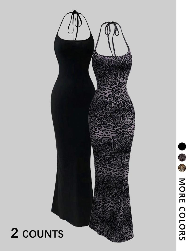 Women's Leopard Print Cami Mermaid Dress & Solid Color Sleeveless Cami Dress Set, Sexy Minimalist Fashion Casual Two-piece Outfits for Party Club Dating Wear, Ladies Summer Clothes, Gowns, Formal Womenswear, Dresse