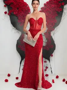 Women's Elegant Waist-Tied Formal Evening Dress, Cocktail Party Gown, Sleeveless Contrast Sequin Design, Long Plain Style, All Seasons Womenswear