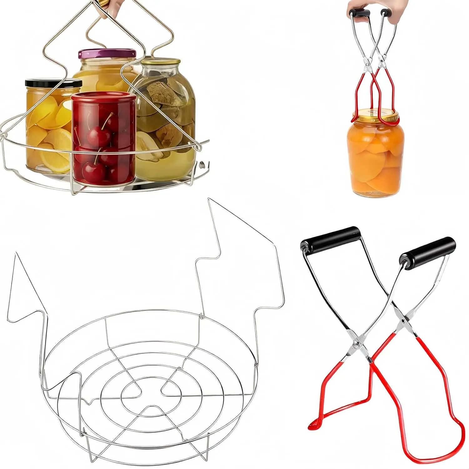2pcs 10 Inch Stainless Steel Canning Rack with Jar Lifter Tongs Set - Heavy Duty Canning Basket for Water Bath Canner & Pressure Canner Fits Stock Pot Mouth Quart Jars for Home Canning