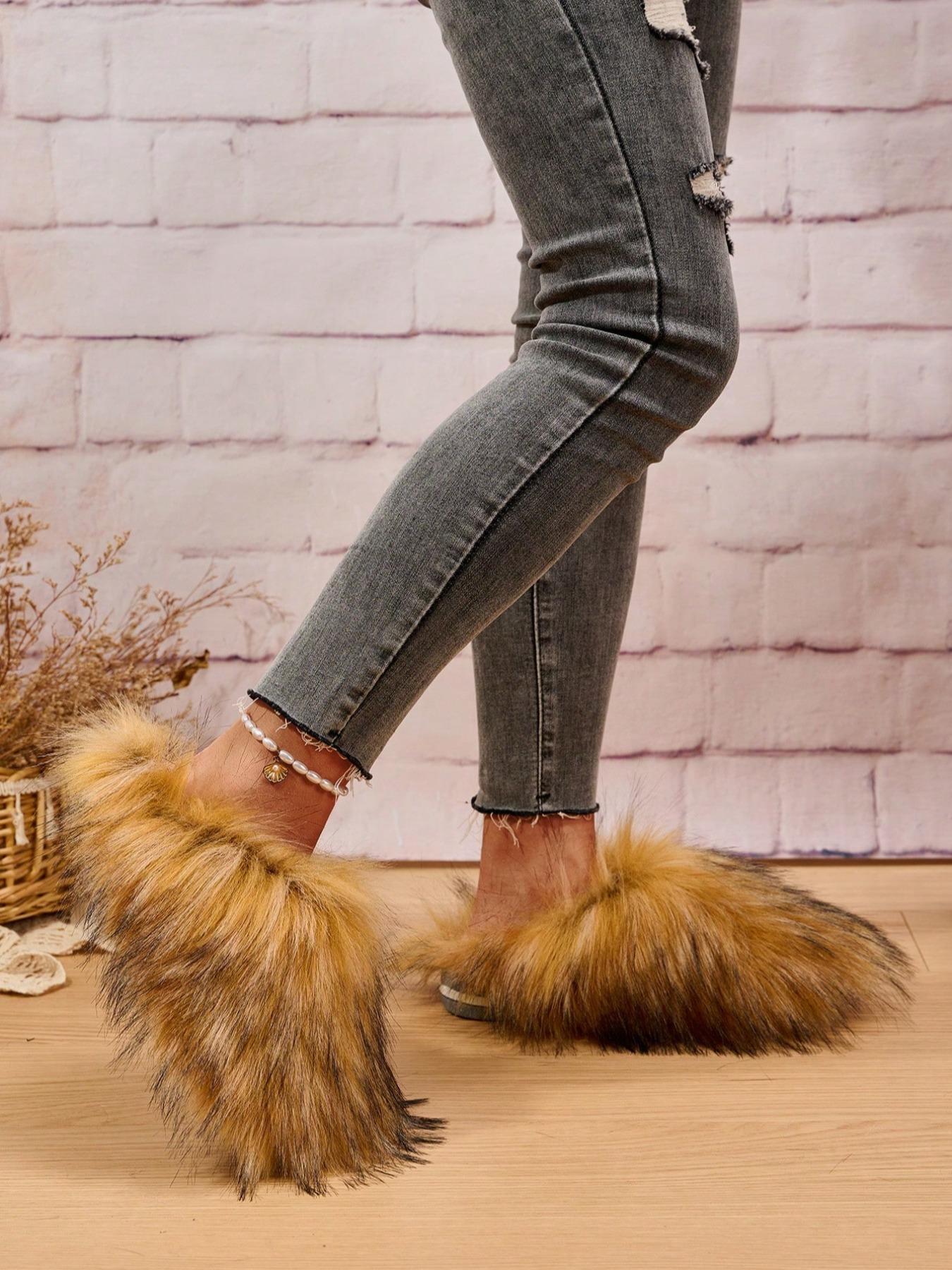 Women's Fashionable Minimalist Fluffy Slide Slippers, Soft Plush Faux Slippers, Fuzzy Warm Slippers, Warm & Cozy Bedroom Slippers for Fall & Winter, Fluffy Home Slippers