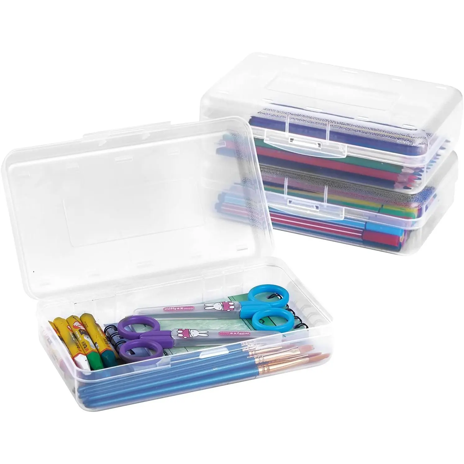 3 Pack Pencil Case, Large Hard Pencil Box Bulk, Clear Crayon Box Marker Pen Organizer, Plastic Storage Container with Snap Lid, Stackable Art Craft Organizer Back to School Supplies, Clear