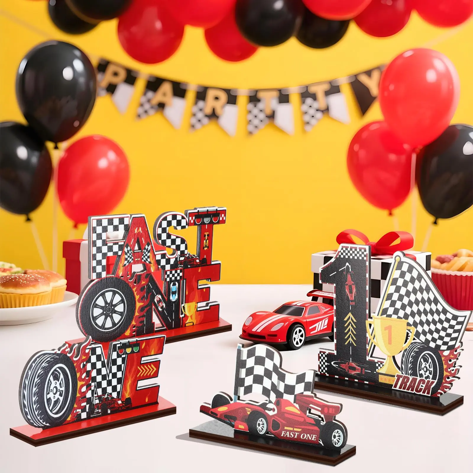 4 Pack Fast One Race Car Wooden Tabletop Signs, Checkered Flag Racing First Birthday Standing Plaque Set, Race Car 1st Birthday Tiered Tray Decor for Boys Party Table Centerpiece Ornament, Party Decoration