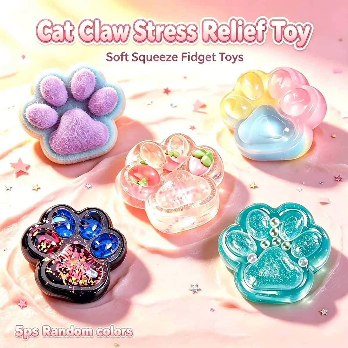 5pcs Random Color Cat Paw Squishy Fidget Toys, Kawaii Soft Squeeze Cat Claw Stress Relief Toys, Cute Animal Sensory Toys for Kids & Adults, Sensory Squishy Bundle