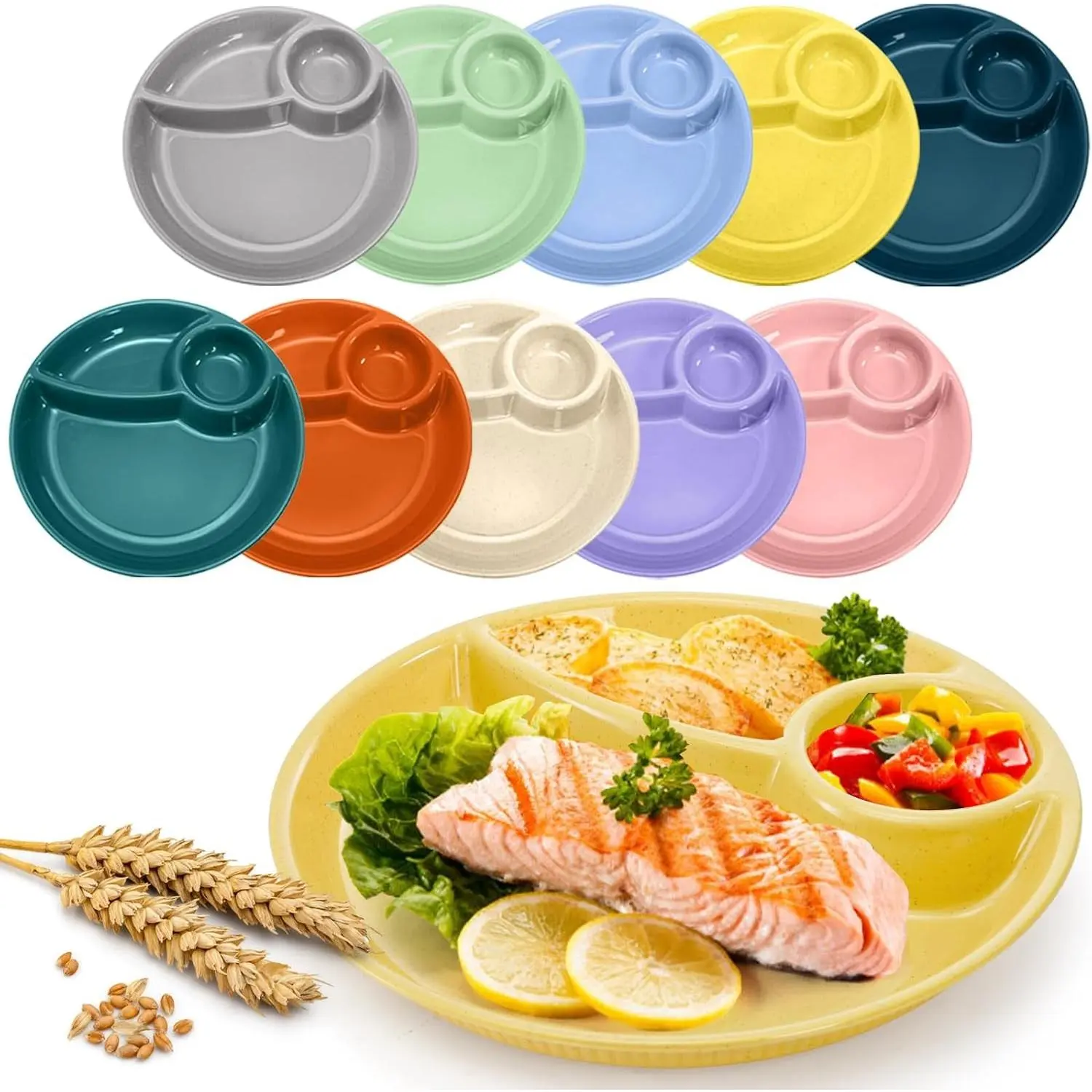 10 Pack Chip Dip Serving Platter, 10 Inch Plastic Divided Dumpling Plate with Dipping Saucer, 3 Compartments Reusable Snack Serving Dish for Sushi, Veggies, Party Appetizer