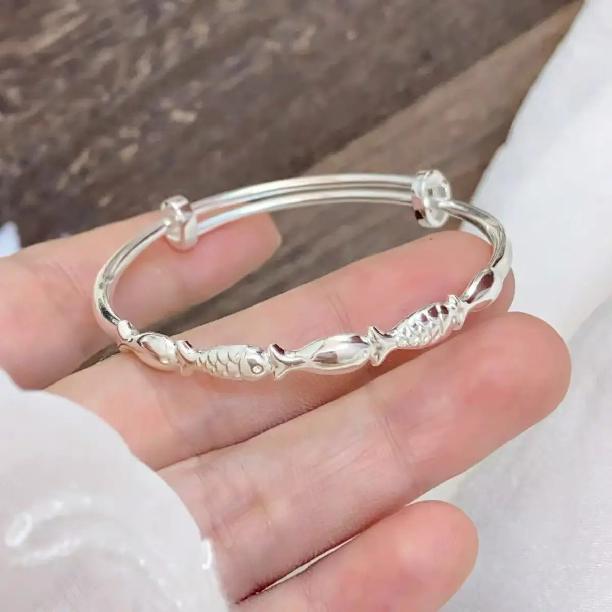 Adjustable 999 Grade Sterling Silver Bangle for Adult and Child Set Cuff Certificated Jewelry Adjustable Sizes Wire Bangle Shiny Polished Silver Women's Bangles Chinese Style Cuff Bangle Fine Jewelry with Gift Box