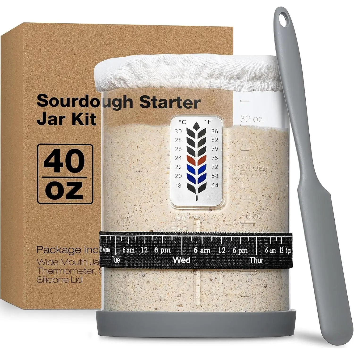 Pro Sourdough Starter Jar Kit - 40oz Large Wide Mouth Sourdough Bread Jar with Marked Feeding Band, Thermometer, Scraper, Cloth Cover and  Lid/Base, Glass Container, Baking Supplies