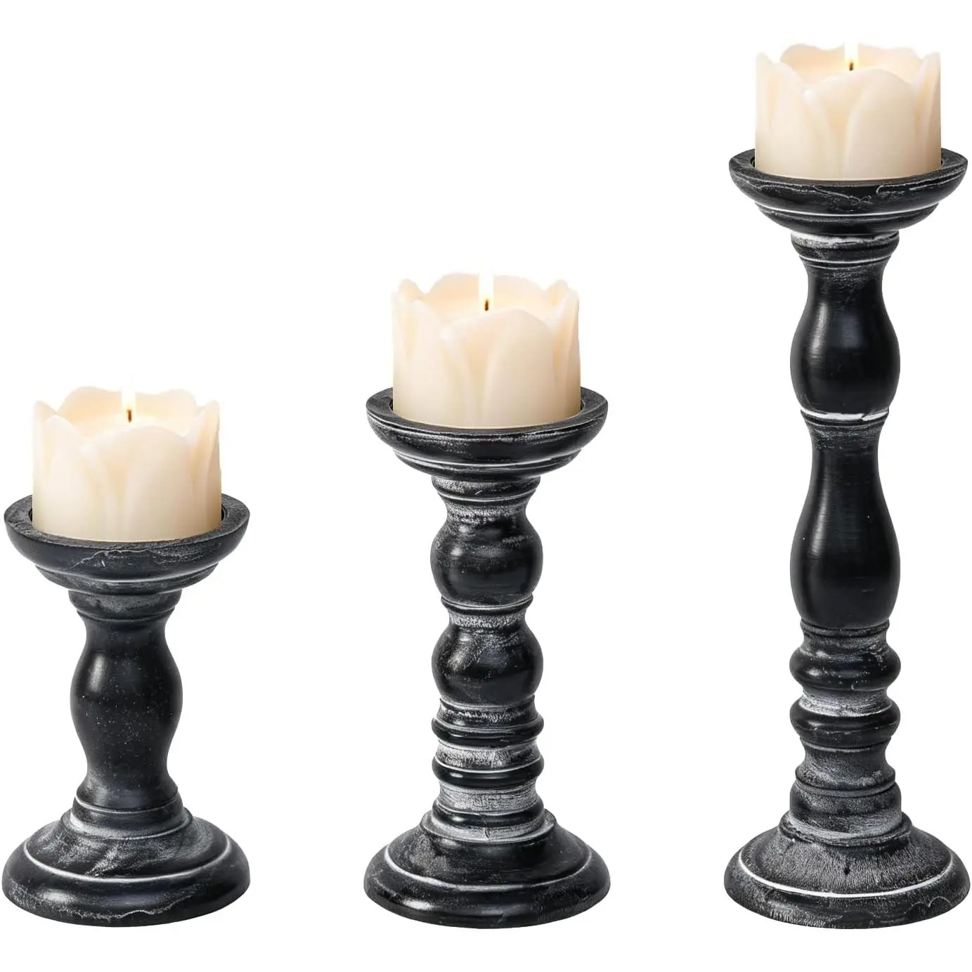 Pillar Candle Holders Set of 3 - Distressed Black  Candlestick Holders for Table Centerpieces,  Decor for Fireplace Mantel, Rustic Shabby Chic Candle Pillar Holder for