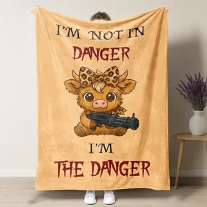 Funny Highland Cow Throw Blanket, "I'm Not in Danger I'm the Danger" Fleece Blanket, Cute Badass Cow with Leopard Bow Soft Cozy Flannel Blanket, Sarcastic Gifts for Cow Lovers