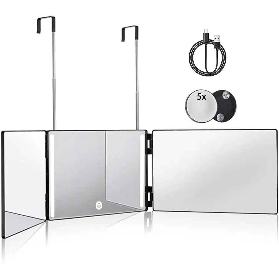 3 Way Mirror for Hair Cutting with LED,360 Trifold with,and 5X Magnification,for Makeup and Styling (Black)