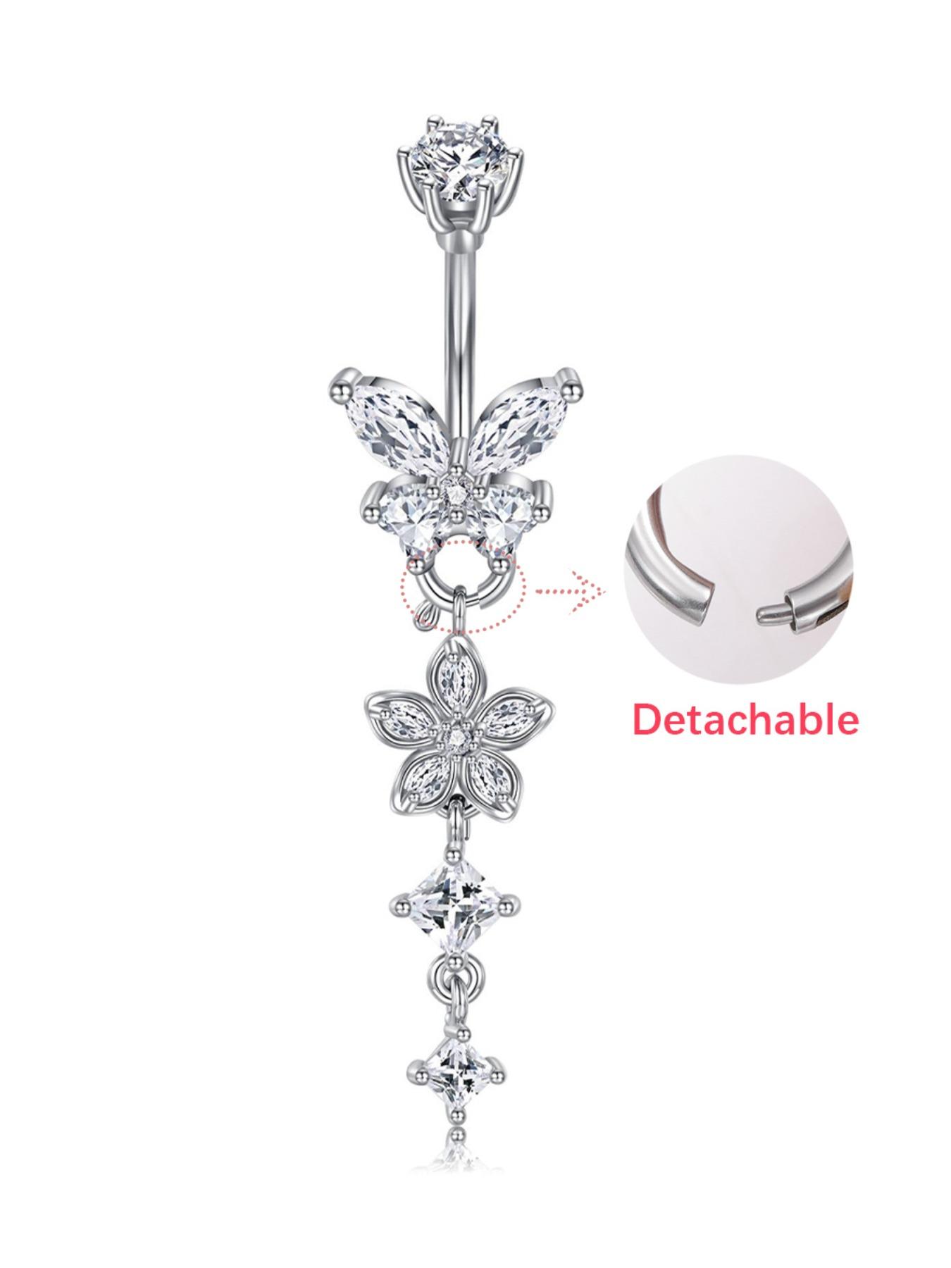 Detachable Flower Dangle Belly Button Ring Cute Butterfly Removable Belly Rings Stainteel Steel Navel Piercing Jewelry For Women, 10mm Silver Pink Purple Blue Belly Button Piercing Body Piercing 14Gauge