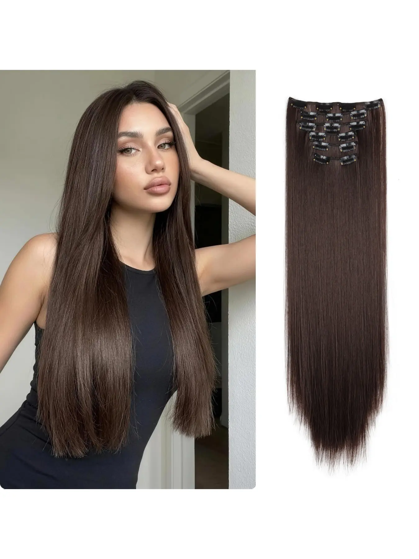 16‑Clip 6 Pieces Straight Clip‑in Hair Extensions Natural Looking Synthetic Hair Pieces Lightweight Comfortable To Wear Easy To Attach Remove Instantly Get Fuller Hair For Girls Dating Travel Cosmetic Hair Accessory