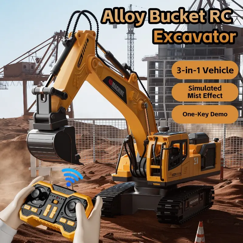 1 piece. Yellow/White.12/13/14 axles excavator, 3-in-1 remote-controlled excavator and engineering vehicle, 360° rotation for all-round control with dynamic lighting and sound effects, alloy structure, suitable for boys' toys, birthday Christmas gifts
