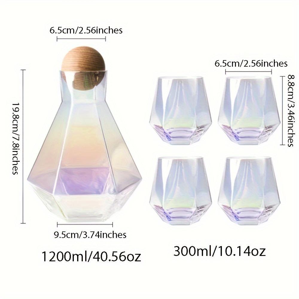 Diamond-Shaped Glass Pitcher and Tumbler Set with Wooden Lid Ball - 5 Piece Modern Water Carafe and Drinking Glasses Bundle for Whiskey, Scotch, Bourbon, Vodka - Elegant Beverage Serving Set