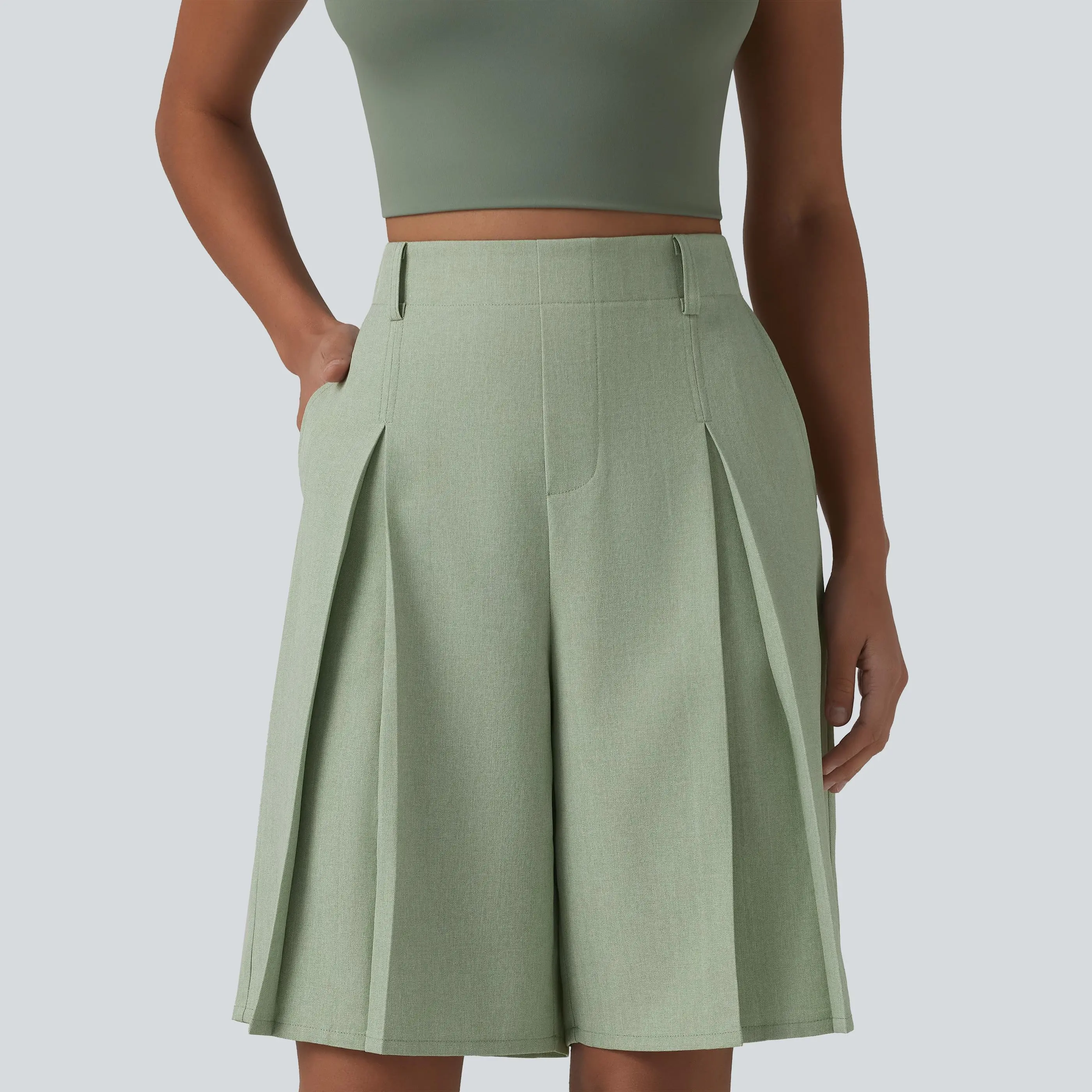Halara Wrinkle Recovery High Waisted Invisible Zipper Pleated Linen-Feel Casual Bermuda Baggy Shorts with Pockets