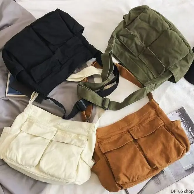 Thick Sturdy Cotton Canvas Workwear Shoulder Bag Multi Independent Inner Pockets Wide Adjustable Cross Strap Large Capacity Wear Resistant Fabric For Women Daily Commute Travel Portable Vintage Casual Storage Handbag
