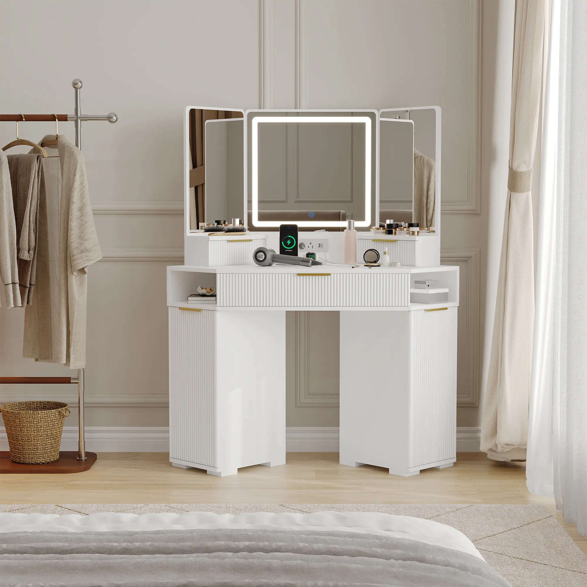 Space-Saving Corner Vanity Desk with Lighted Mirror, Wooden Makeup Table with Charging Station, 3 Drawers, Storage Cabinets and Open Shelves for Bedroom