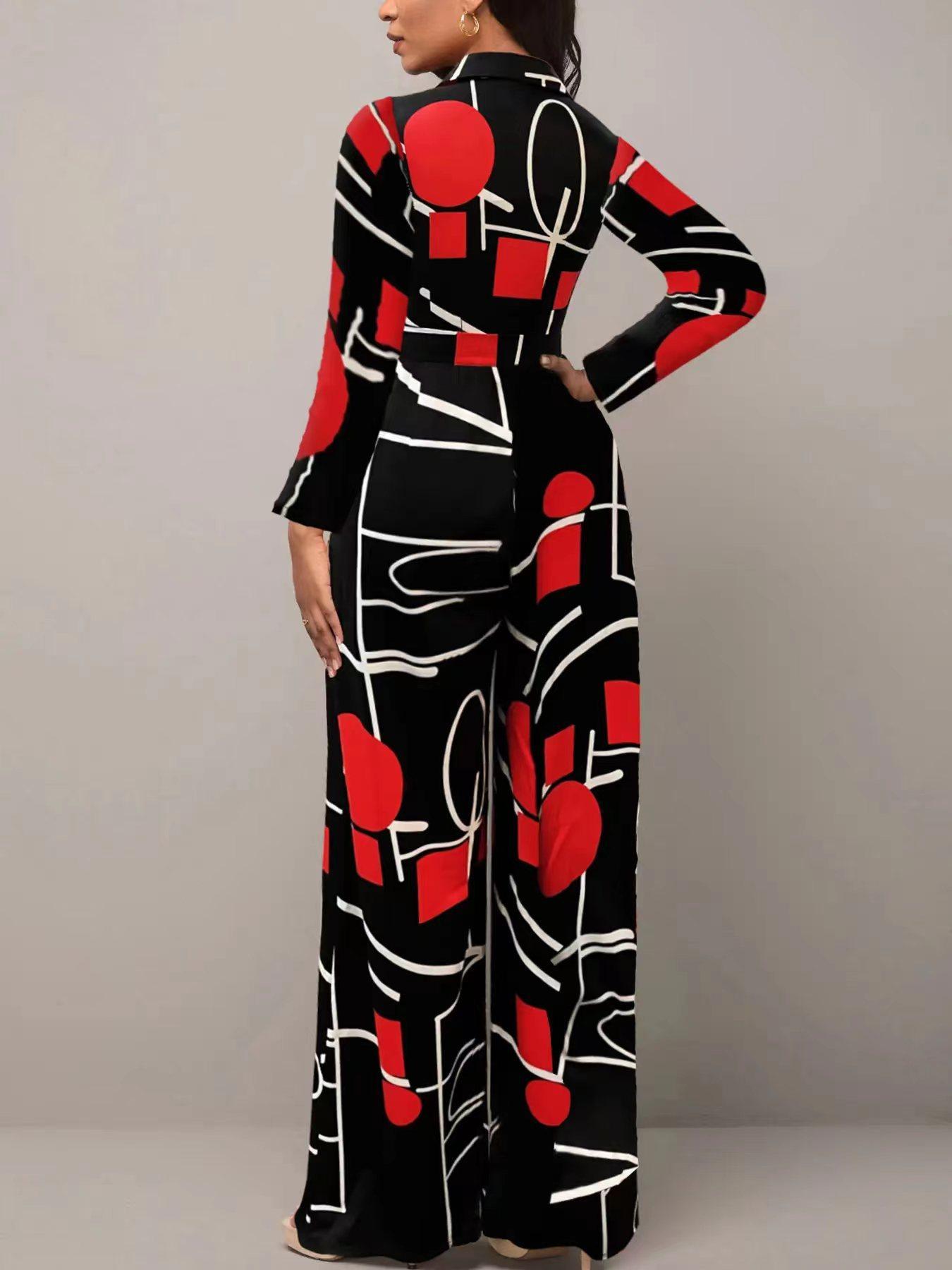Women's All Over Geometric Print Buttons Belted Wide Leg Jumpsuit, Casual Basic Jumpsuit, Elegant Casual Long Sleeve Collared Jumpsuit for Spring & Fall, National Day Clothing, Ladies Clothes for Daily Wear