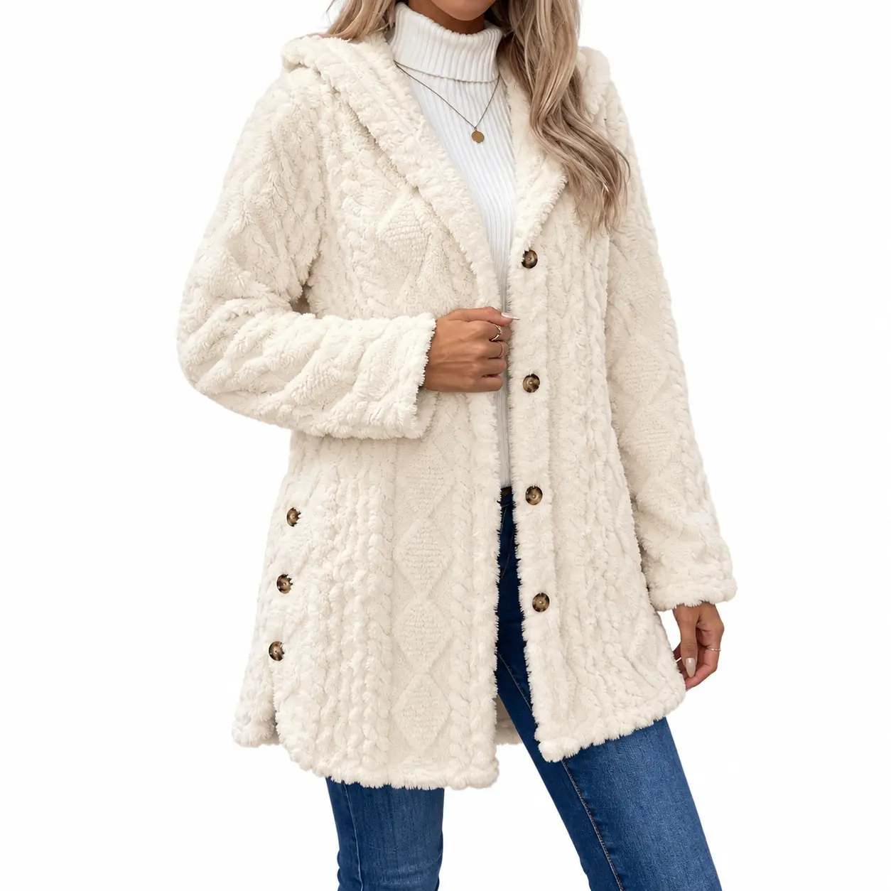 Women's Fuzzy Hooded Sherpa Fleece Coat, Mid-Length Button Front Teddy Jacket with Side Button Detail, Soft Plush Long Sleeve Relaxed Fit Fall Winter Outerwear for Casual Daily Wear, Commute, Weekend, Travel