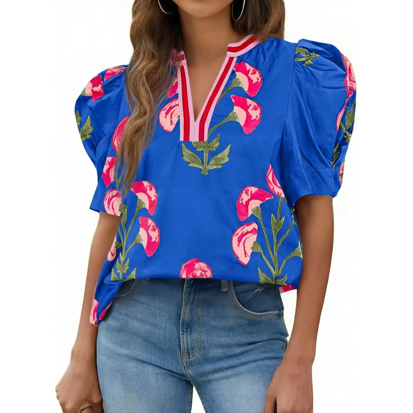 Cicy Bell Womens Puff Sleeve Floral Tops Summer Casual Dressy Blouses V Neck Print Boutique Shirts