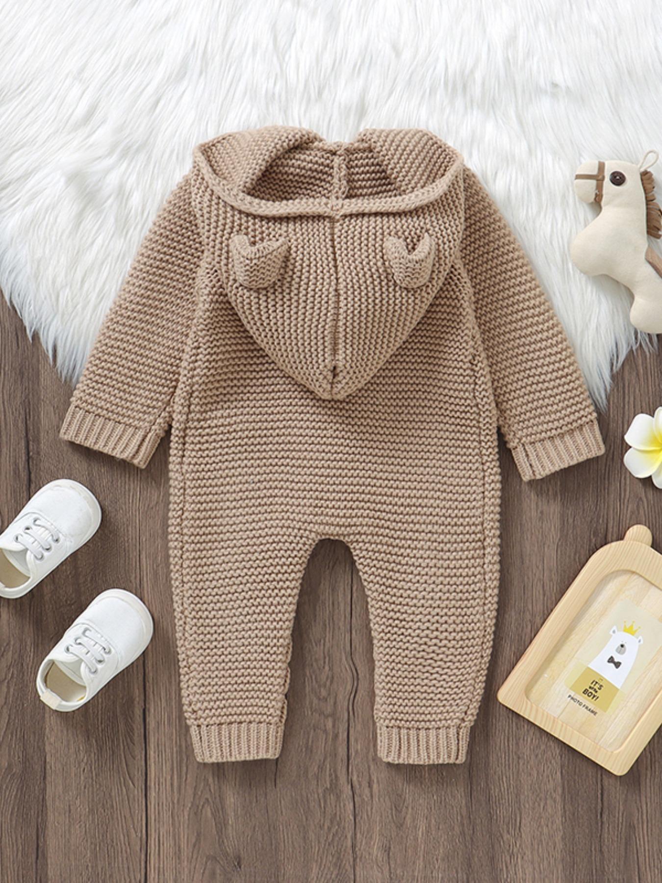 Baby's Solid Cable Knit Button-Front Hooded Sweater Jumpsuit, Cute Casual Long Sleeve Jumper Onesies for Newborn and Infant, Baby Clothing for Daily Wear