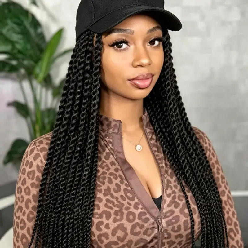 22 Inch Black Long Braid Straight Synthetic Wigs for Women, Gorgeous Fluffy Wigs with Baseball Cap, Synthetic Full Machine Wigs for Party, Daily Use, Braided Hair Wigs