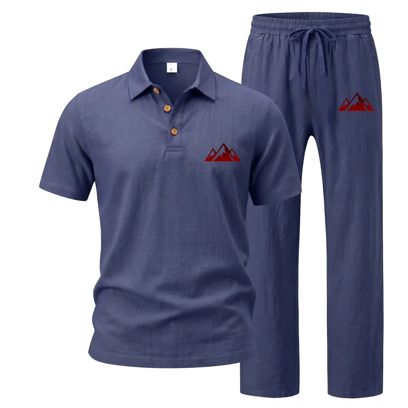 Men’s Linen Blend Two Piece Set, Short Sleeve Polo Shirt and Relaxed Pants with Mountain Graphic Detail, Lightweight Summer Outfit for Travel, Outdoor Adventures, Vacation, Resort and Casual Daily Wear