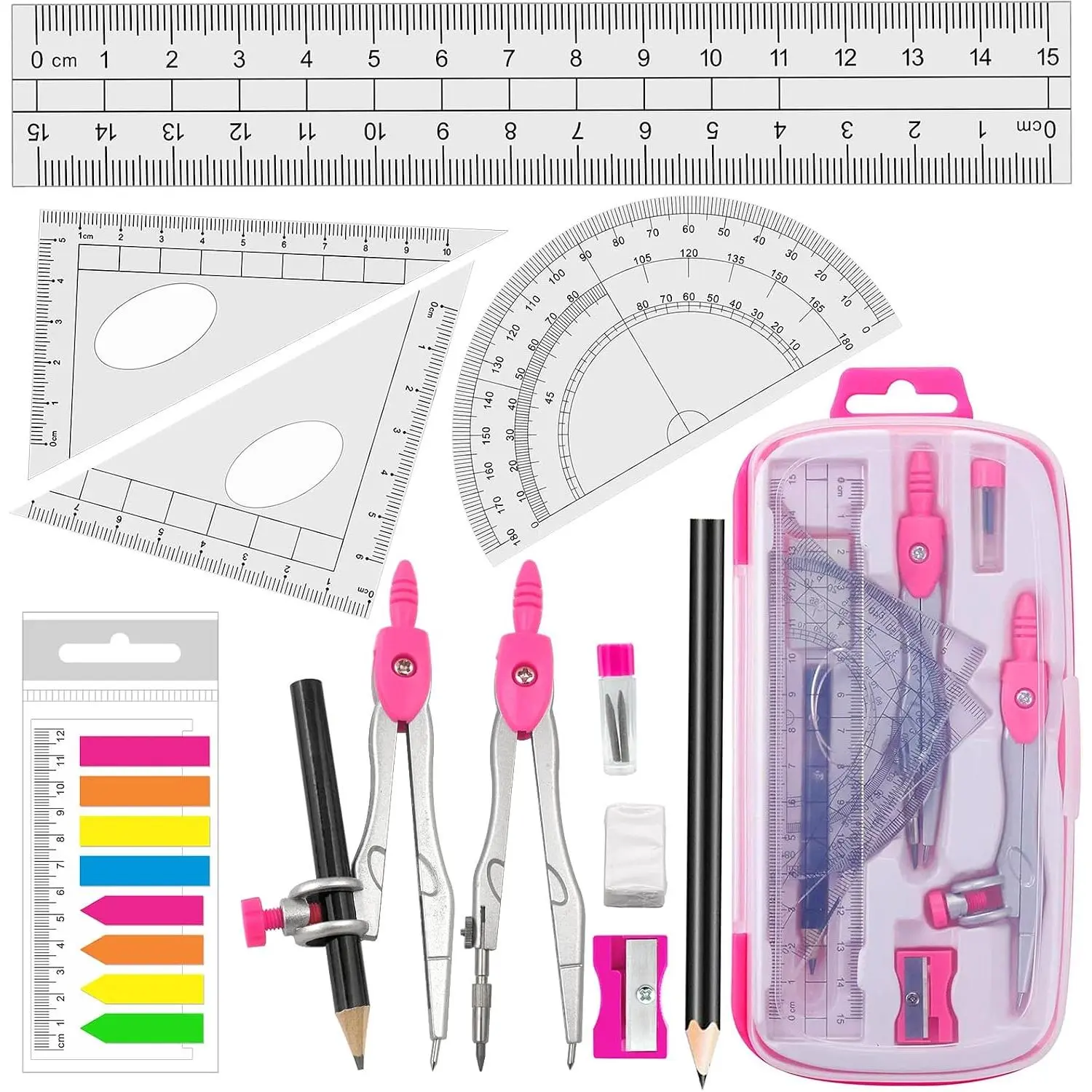 Student Geometry Tools Full Kit, Office Measuring Supplies - Includes Ruler, 2 Drafting Compasses, Protractor, 2 Set Squares, Pencil for Math Study & Homework