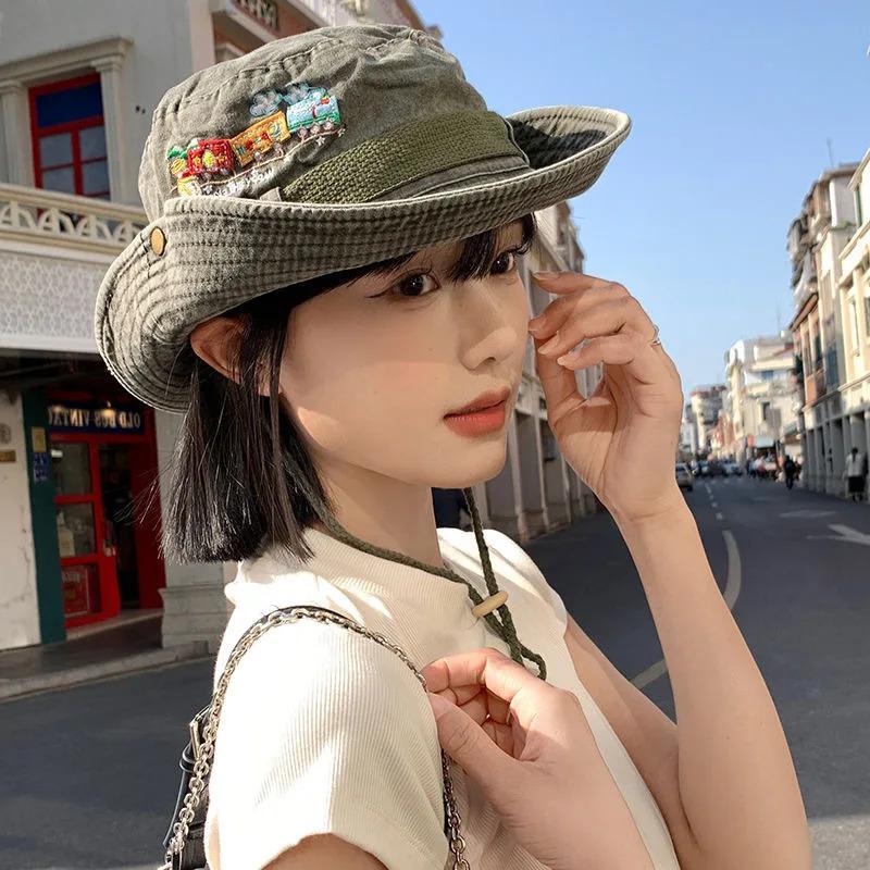 1pc Summer Train Embroidery Panama Hat for Women Beach Sun Protection Bucket Hat Retro Bob Fisherman Hats Visor Fishing Caps