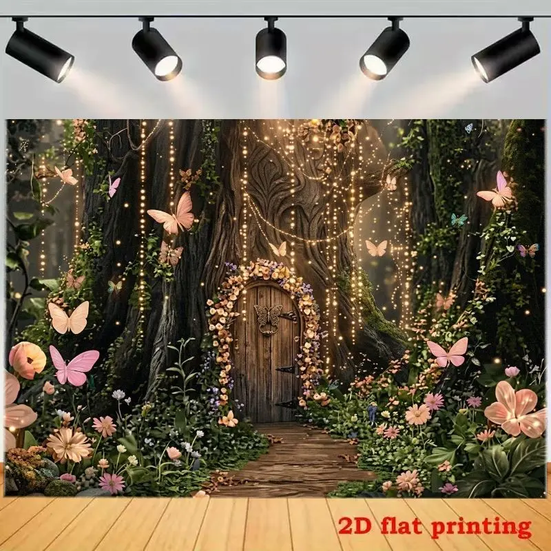 2D flat banner 1pc fantasy forest elf tree house background cloth, suitable for photography background, birthday party decoration, indoor and outdoor wall hanging cloth, beautiful art photography, polyester material, multiple sizes available