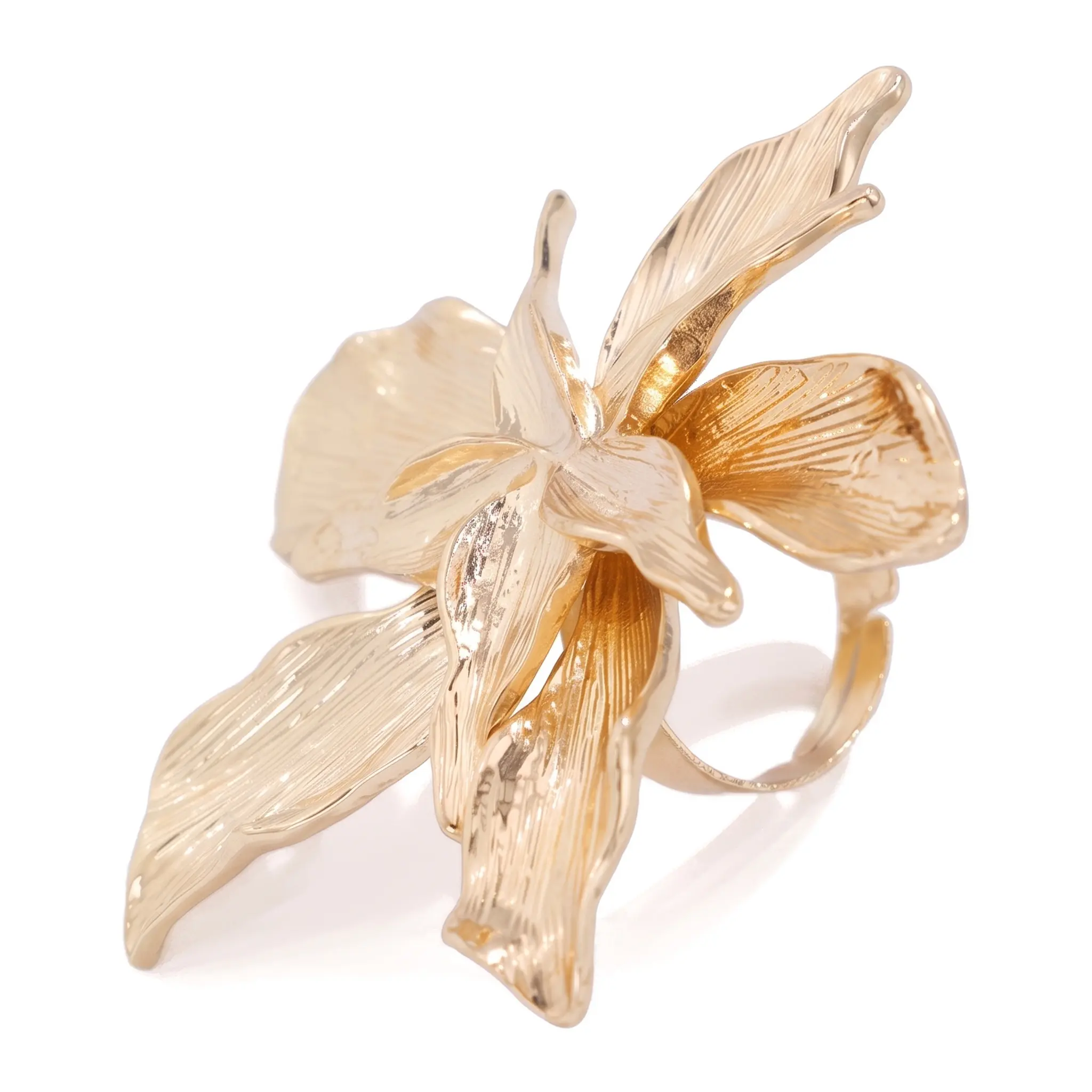 Chunky Five Petal Flower Ring 3D Bloom Open Design Ins Style Metal Wrapped Finger Ring For Women Trendy Geometric Electroplated Everyday Essential