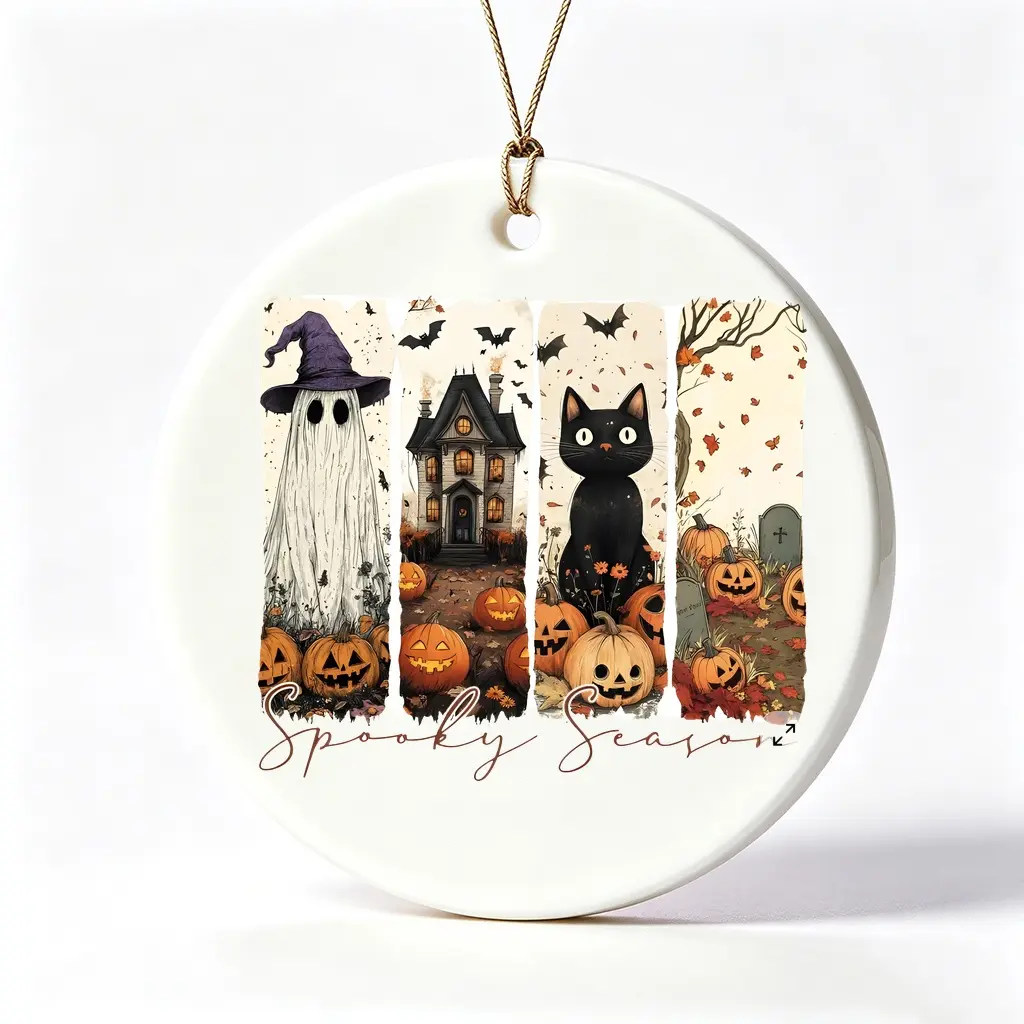 3 Inch, Halloween Style, Ceramic Ornament, Spooky Season Ghost Black Cat Pumpkin Haunted House Design