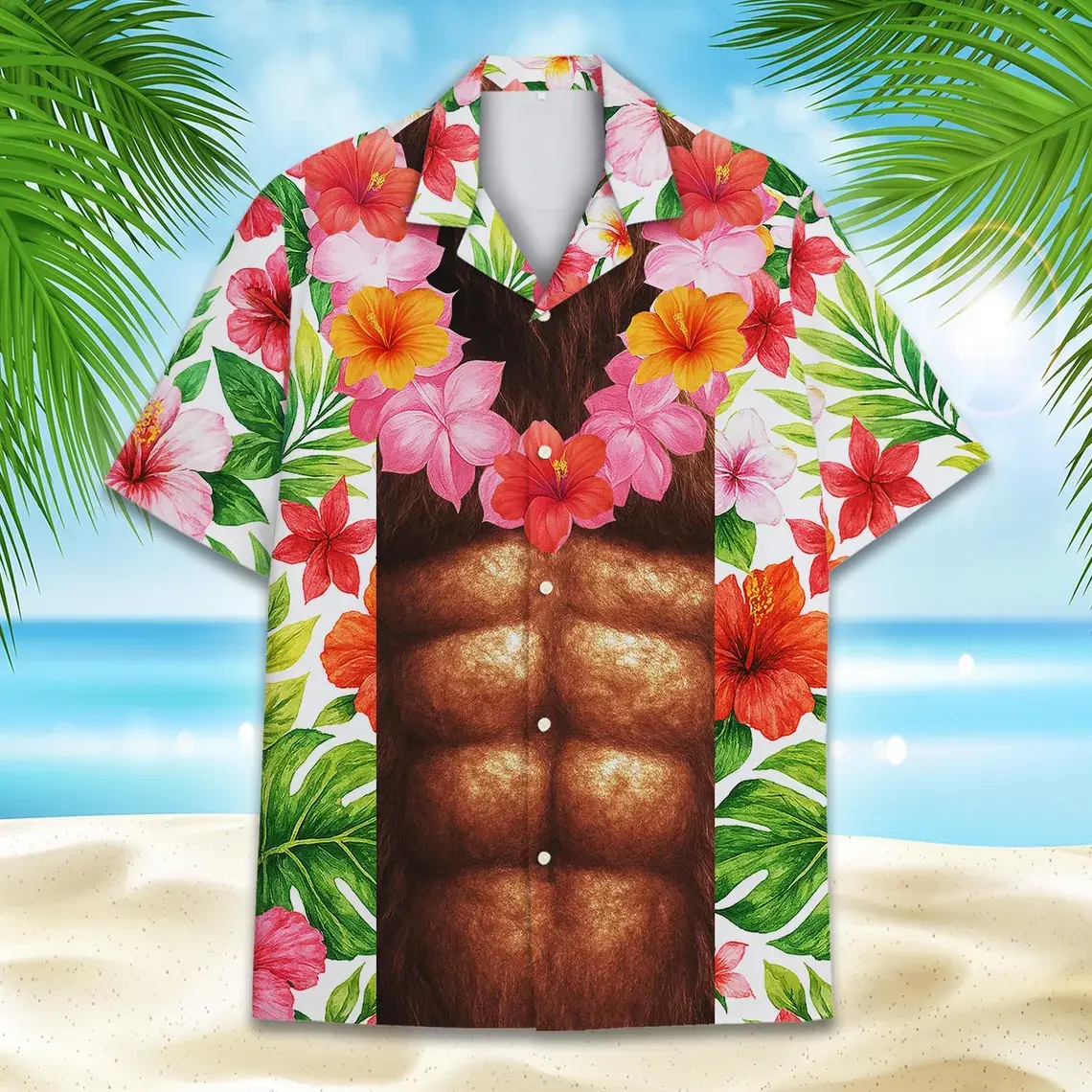 Funny Muscle Chest Hawaiian Shirt Men Women Youth, Bigfoot Abs Aloha Shirt with Tropical Flowers, Summer Beach Party Shirt Button Down
