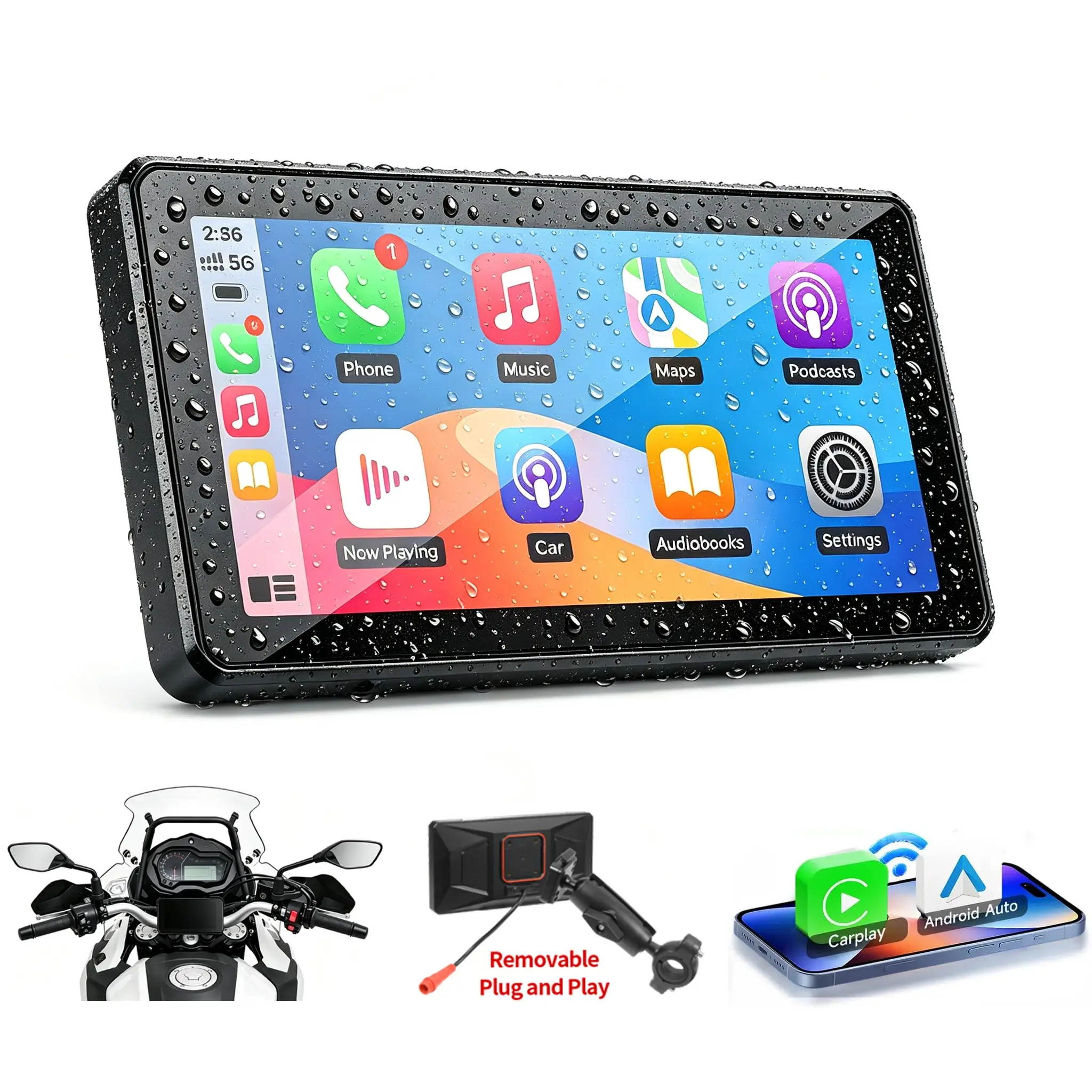 Anti-Theft Magnetic Quick Release 6-Inch Automotive Motorcycle Screen, Wireless Carplay & Android, Ip67 Waterproof Touch Display, Tool-Free Install, 12V Motorcycles