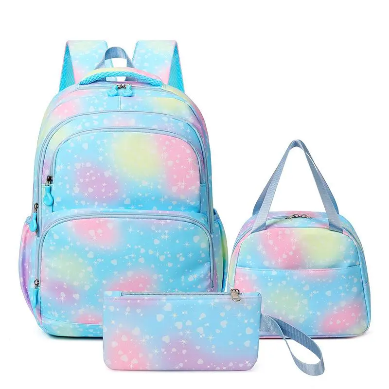 Women's 3-Piece Gradient Star Heart Print Set - Pastel Rainbow Fashion Backpack with Insulated Lunch Bag, Pencil Pouch, Zipper Closure, Lightweight Fabric for School/Travel Daily Use, Backpacks for School