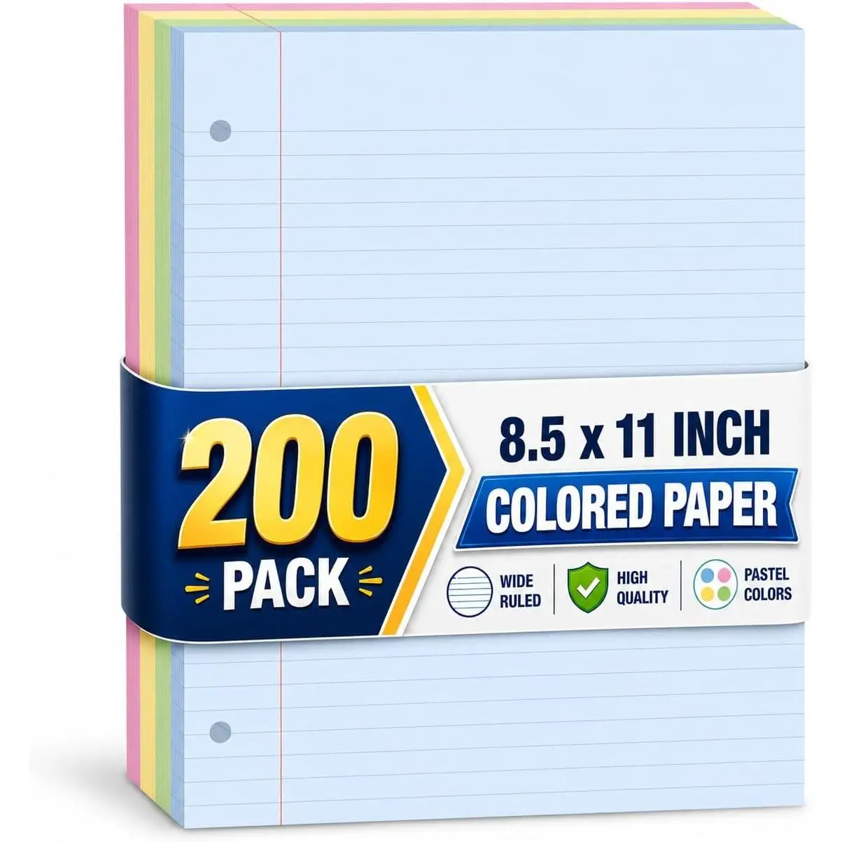 Pastel Colored Wide-Ruled Loose Leaf Notebook Paper, 8.5x11 in, 27 Lines/Pg, 200 Sheets per Pack