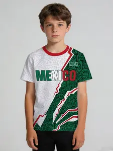 Boys' Sports T-shirt "Aztec Totem & Mexico Print" White & Green Crew Neck Short Sleeve, Soft, Comfy Quality Shirt, Sweat-Absorbent & Non-deformable, Ideal for PE, Soccer, Outdoor & Mexico-Themed Parties, Machine Washable, Summer Casual Gift for Kids