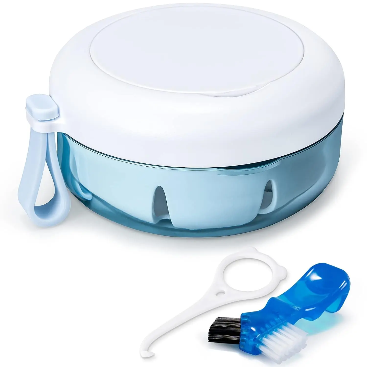 OB05 Leak Proof Denture Cup Kit Portable Retainer Case Perfect for Travel, Denture Case Container Cleaning Care for Dentures Aligner Mouth Guard with Denture Brush,Strainer, Removal Tool and Mirror