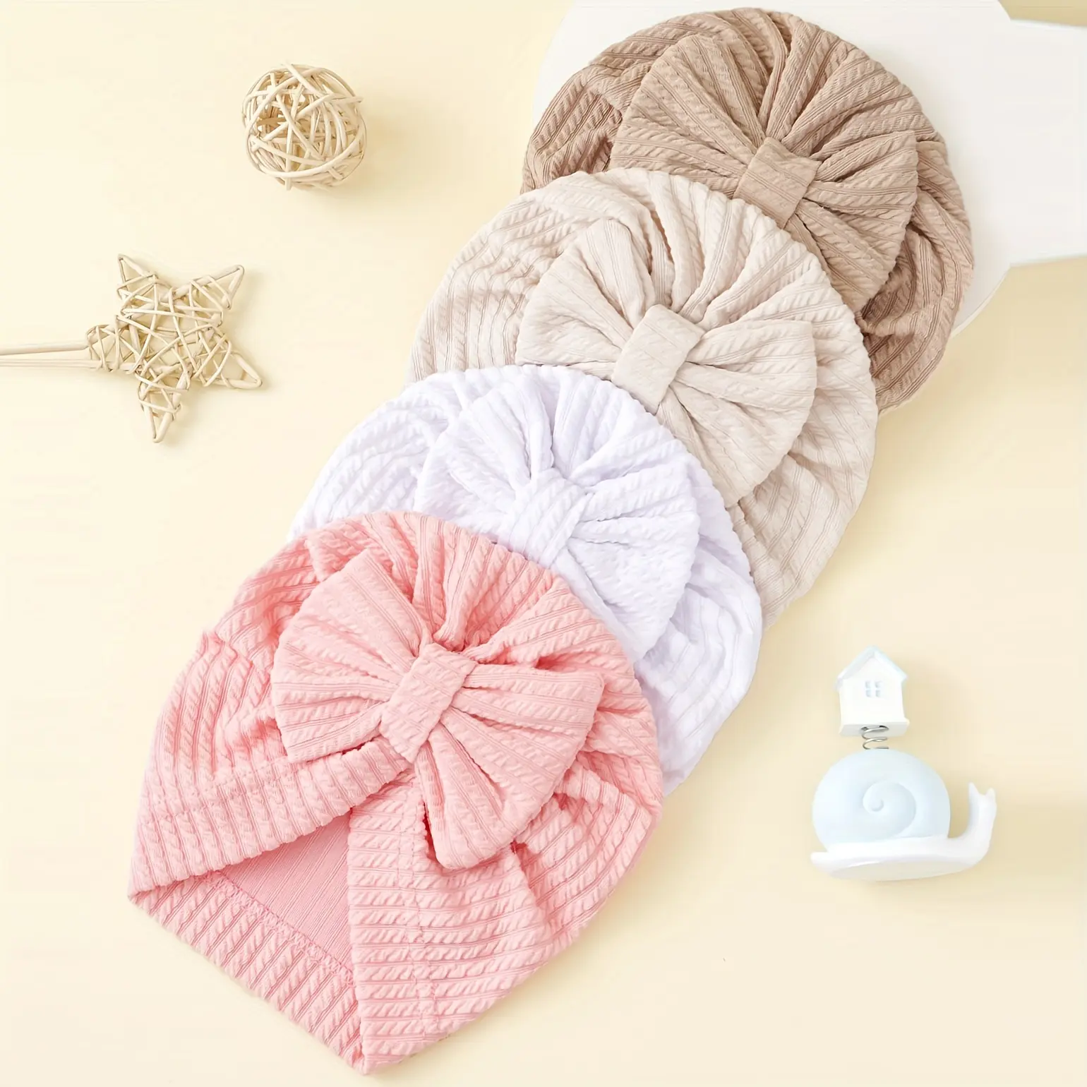 4pcs Children's Ribbed Floral Pattern Bonnet Set Baby Hat Baby Bow Headband Hat