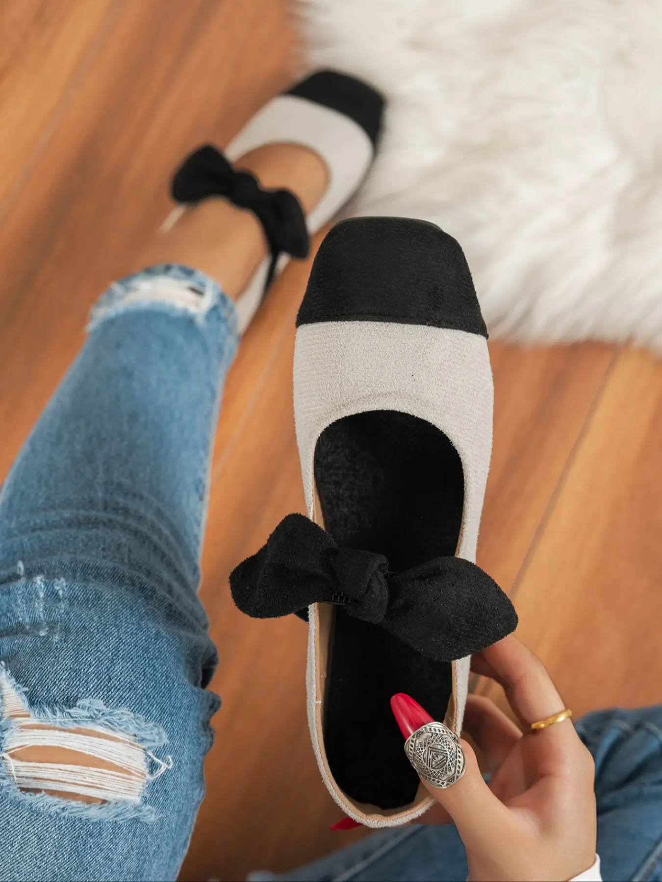 Women's All-Season Ballet Flats, Square Toe Colorblock Bowknot Design, Comfortable Vintage Casual Shoes, Durable Fashion, Ribbon Knot Flats