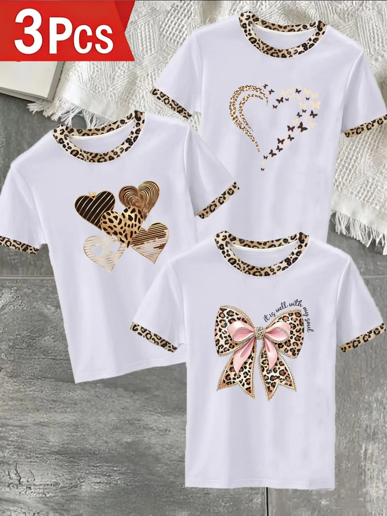 3-Pack Women's Leopard Print Round Neck Short Sleeve T-Shirts, Casual Fashion Sporty Tops, Summer Wear, Different Leopard Series Patterns
