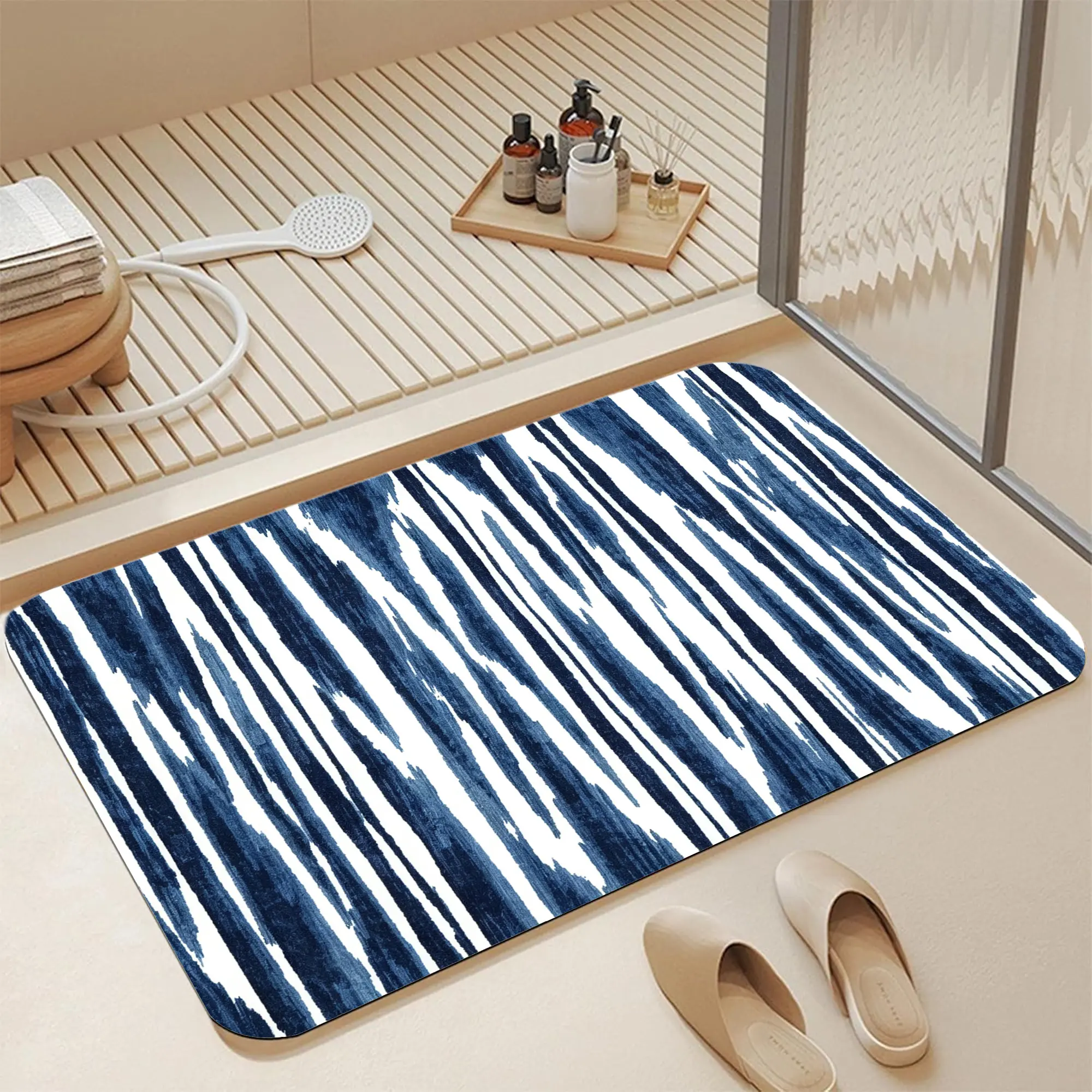 16*24" Navy Indigo Shibori Tie Dye Vertical Abstract Stripe Diatomite Bath Mat |   Instant Dry Non Slip Modern Deep Blue White Irregular Vertical Streak Textured Print Diatomaceous Earth Bath Mat Fast Absorbent Boho Indigo Tie Dye Vertical Line Texture Di