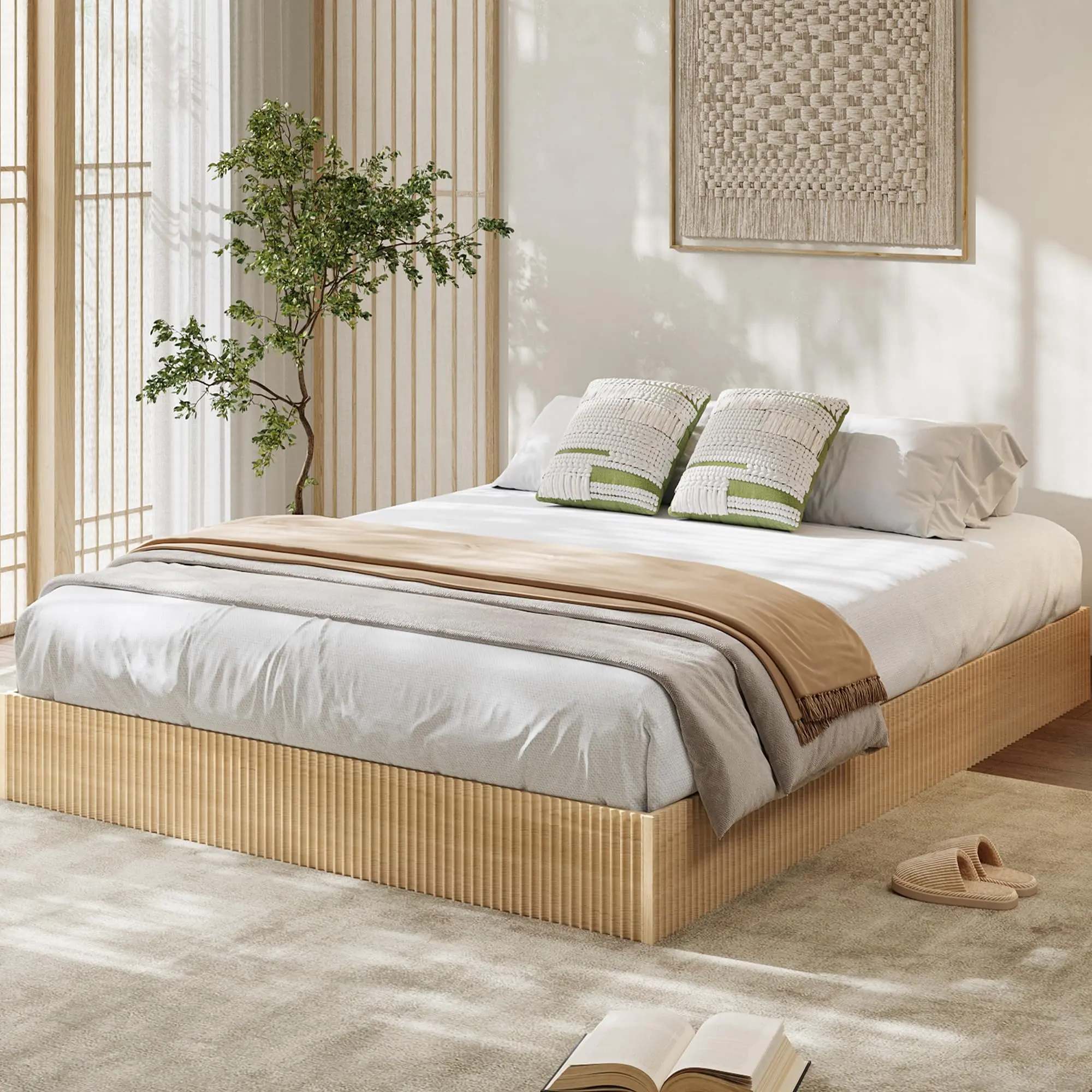 Garvee King Bed Frame with Wooden Platform and Striated Design, Low Profile Minimalist Bed Base, Noise-Free, Easy Assembly, No Box Spring Needed, Natural Finish