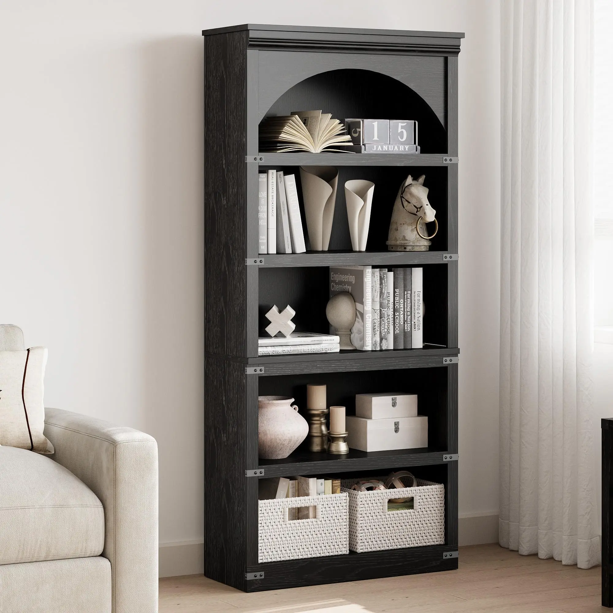 Farmhouse Arched Bookcase, 68.7" Tall Bookshelf with Arch Top Design, Wooden 5 Tier Storage Bookshelves Book Shelf for Living Room Bedroom Office Library