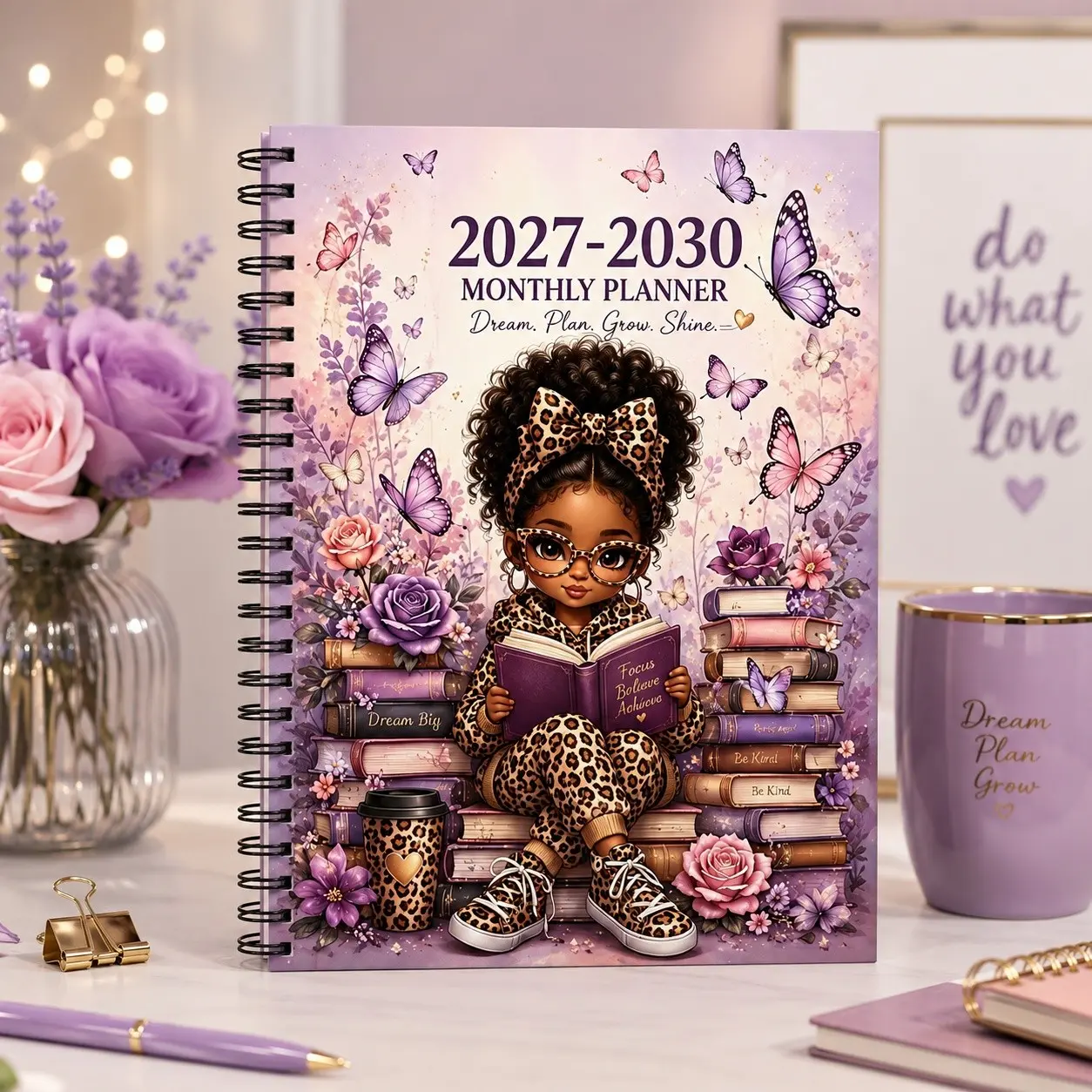 2027-2030 Four-Year Monthly Planner Notebook, Leopard Print Girl Rose Butterfly Illustration, High-Quality Student Diary