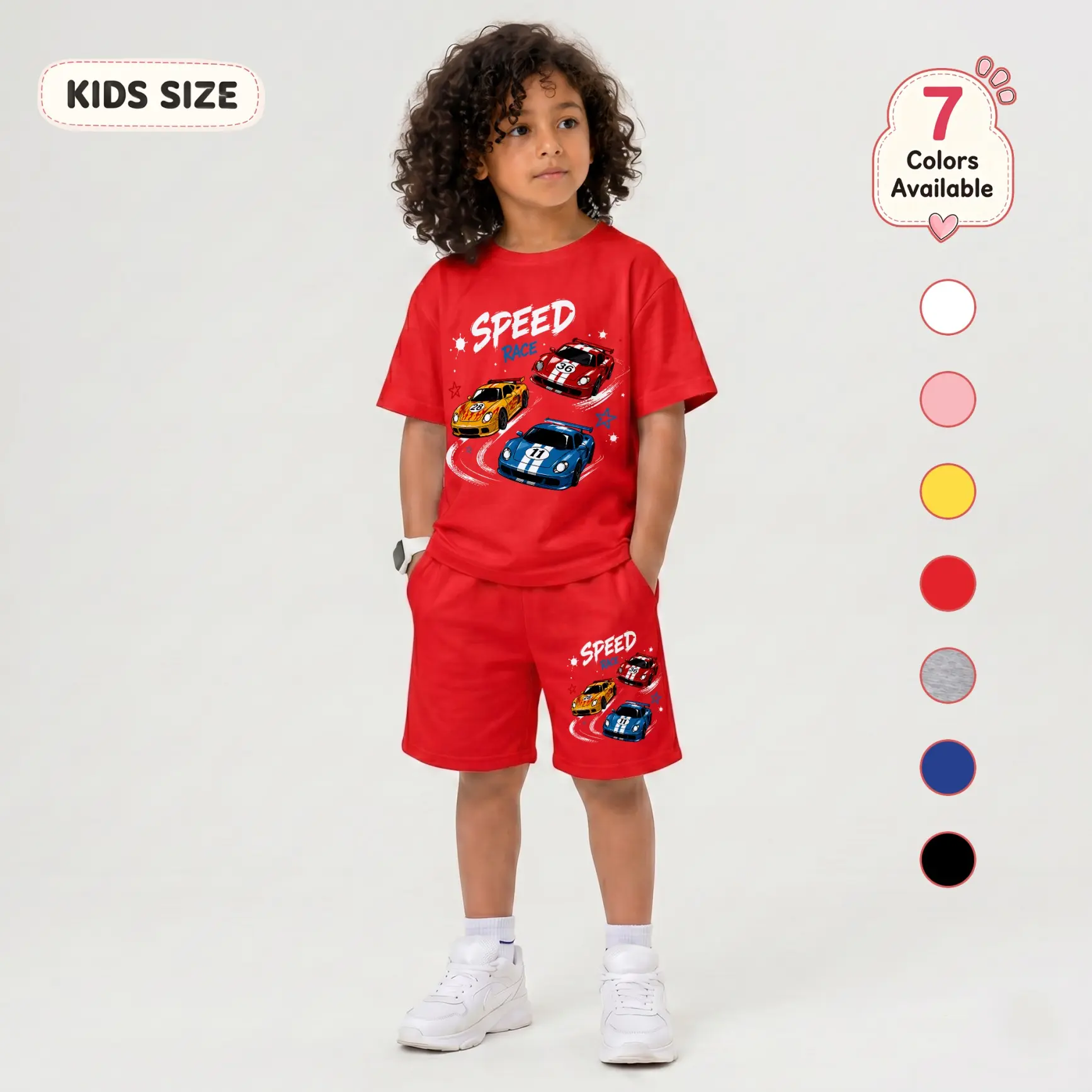 Boys’ Fast Racing Car Graphic Tee and Shorts Set, Colorful Cartoon Sports Vehicle Print Summer Two-Piece Outfit, Comfortable Active Streetwear for School, Birthday Parties, Travel and Everyday Play