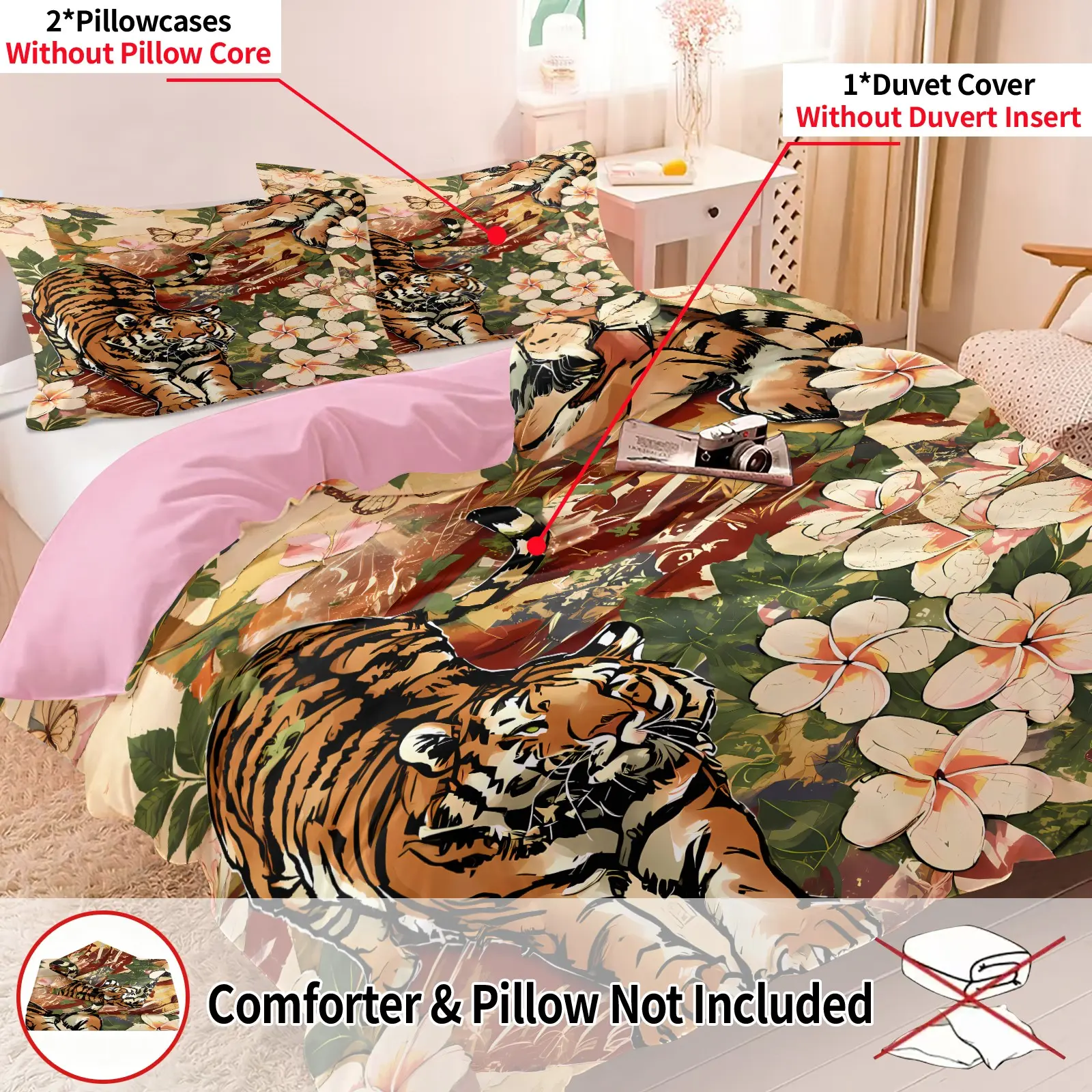 3PCS Vintage Tiger Floral Duvet Cover Set, 1 Duvet Cover & 2 Pillowcase No Filling, Oriental Art Tiger Print Bedding Set, Duvet Skin-Friendly Breathable, Wrinkle & Fade Resistant, Cool Trendy Bedroom Decor, Gift for Tiger Lovers