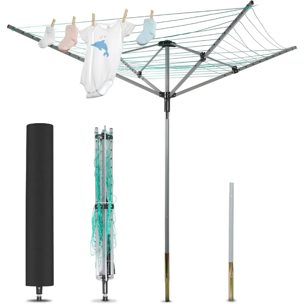 Rotary Outdoor Umbrella Drying Rack Umbrella Clothesline Rotary Dryers Clothes Line 4 Arms Height Adjustable Foldable Retracting 12 Lines with 165ft Clothesline, Clotheslines