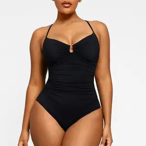 2026 new European and American solid color fashion covering meat and showing thinness one-piece women's shoulder straps swimsuit women spring summer beach vacation