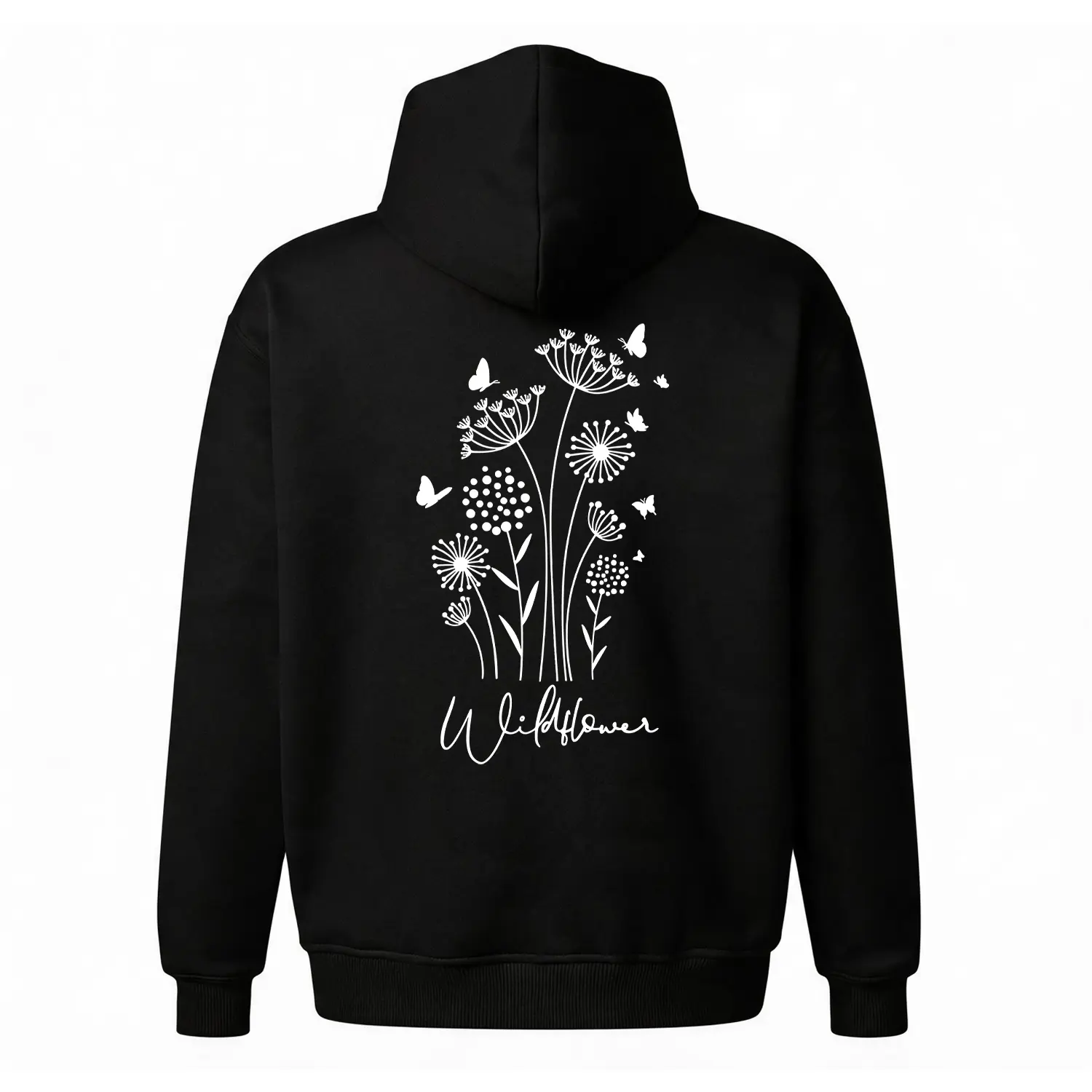 Men's Unisex Minimalist Wildflower Hoodie, Cotton Blend Floral Butterfly Graphic Sweatshirt, Cozy Oversized Medium Length Fleece Streetwear, Machine Washable