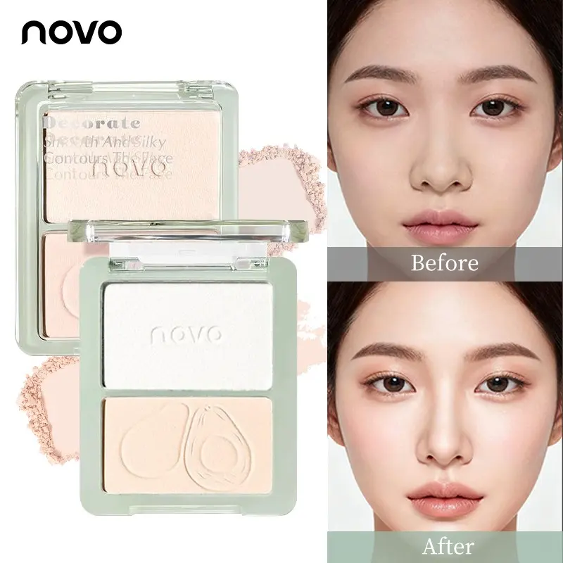 Dual-Color Highlighter Palette, Shimmering Brightening Powder, Vitamin E, Mica, Jojoba Oil, Long-Lasting Waterproof, Portable with Mirror, Beginner-Friendly